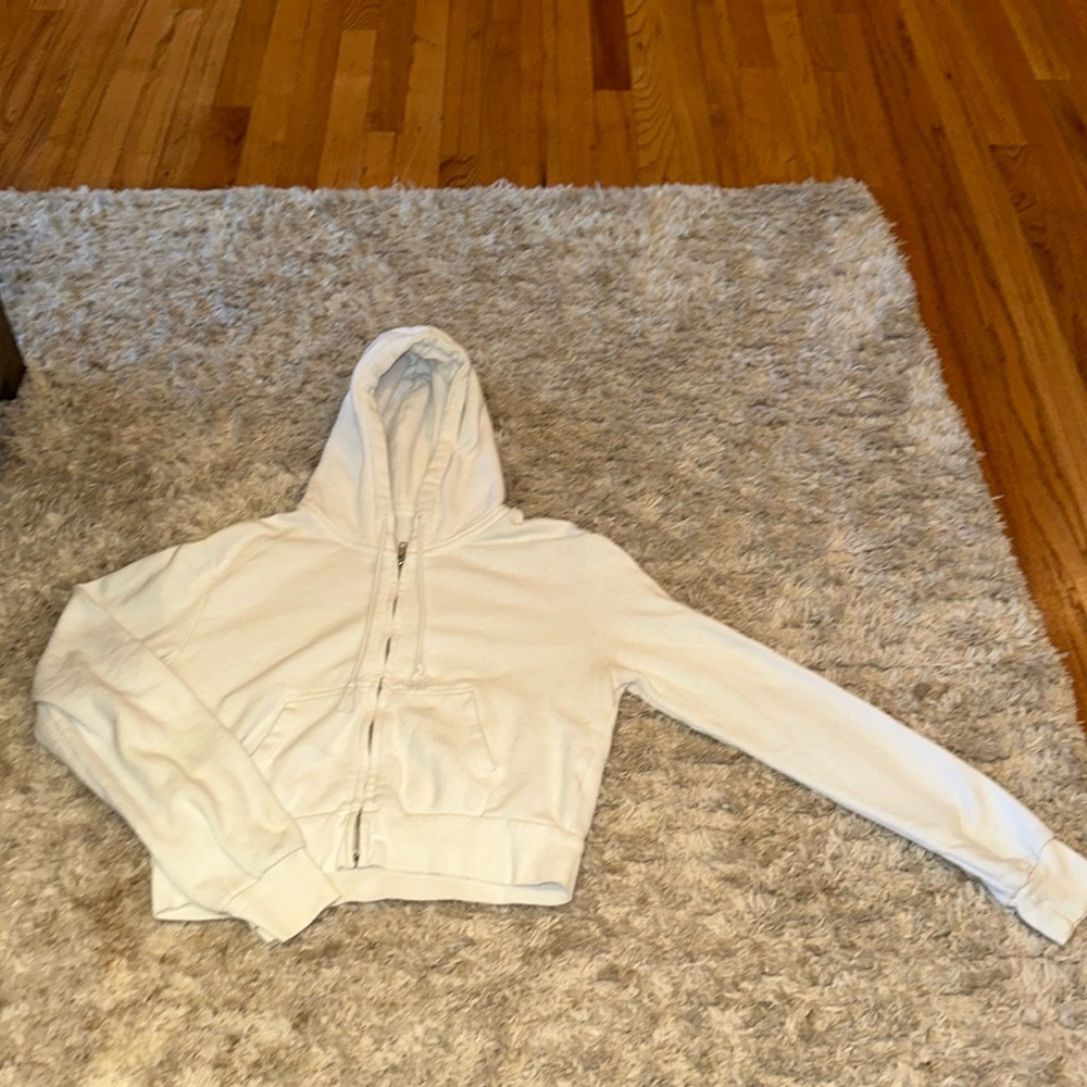 Women’s cropped Brandy Melville white zip up sweatshirt with hood